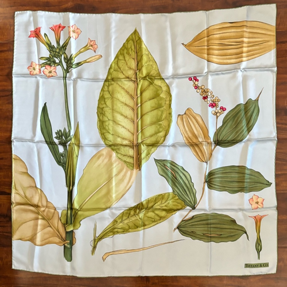 Vintage Tiffany & Co “A Study Of Plants” Light Blue Silk Scarf